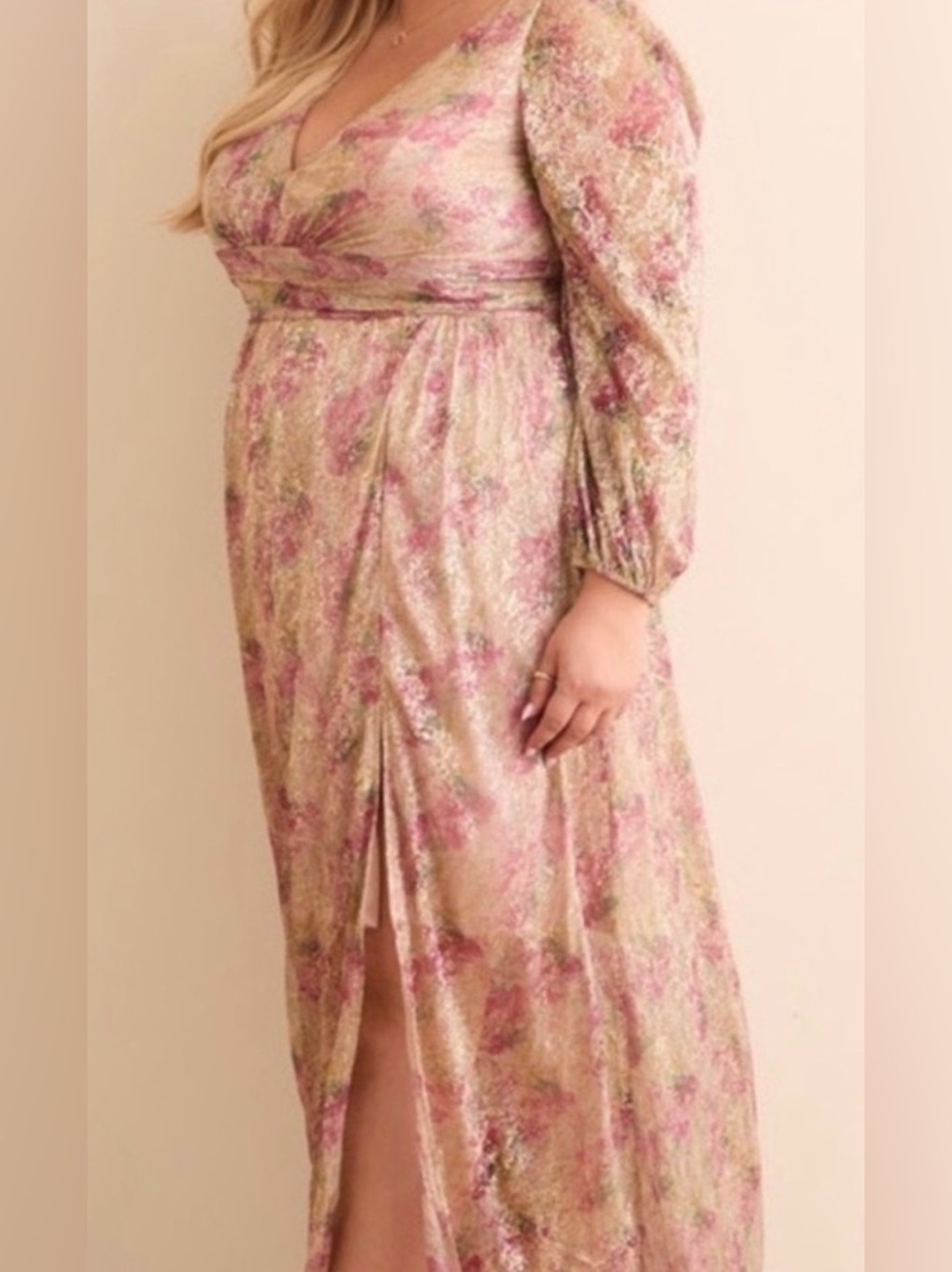 Arula Pink Floral Metallic Shimmer Long Sleeve V Neck Maxi Dress 1X 14 16